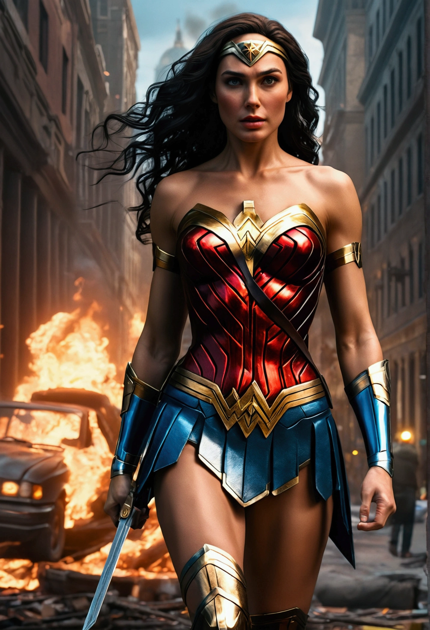 a hyper-realistic Wonder Woman, perfect body, perfect face, perfect hands, perfect legs, in a burning city, detailed and intricate, bioluminescent, high definition, (best quality,4k,8k,highres,masterpiece:1.2),ultra-detailed,(realistic,photorealistic,photo-realistic:1.37),dramatic lighting,cinematic,moody atmosphere,volumetric lighting,vibrant colors,award winning,stunning digital art