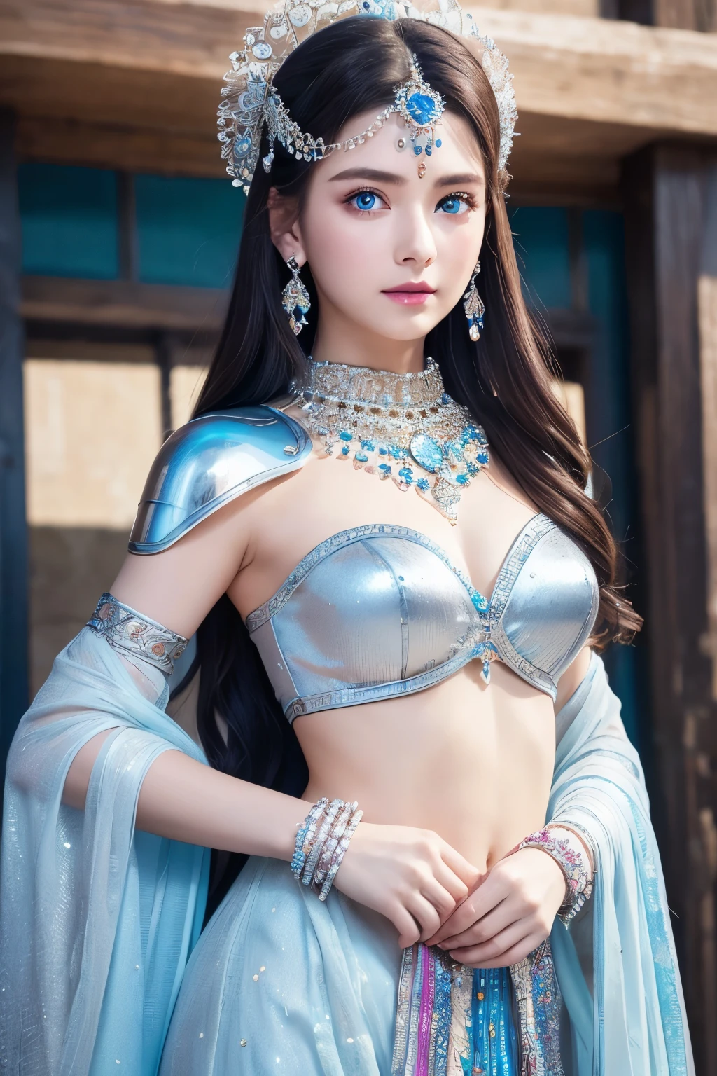 goddess、Ultra HD、High resolution、distinct、Glittering ornaments、Soft Skin、Colorful and gorgeous jewelry、Beautiful blue eyes、Silver Armor、whole body、