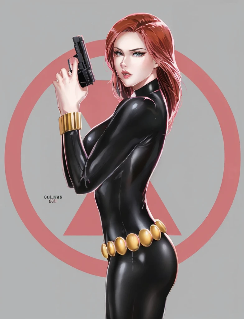 Black Widow, from the Marvel Comics universe. She is showcased in a sleek skin-tight shiny black latex bodysuit, a belt made of golden circles, and golden wrist guards. In her right hand, she is holding a gun. The ambiance divulges power, strength, and an impressive aura radiated by Black Widow.