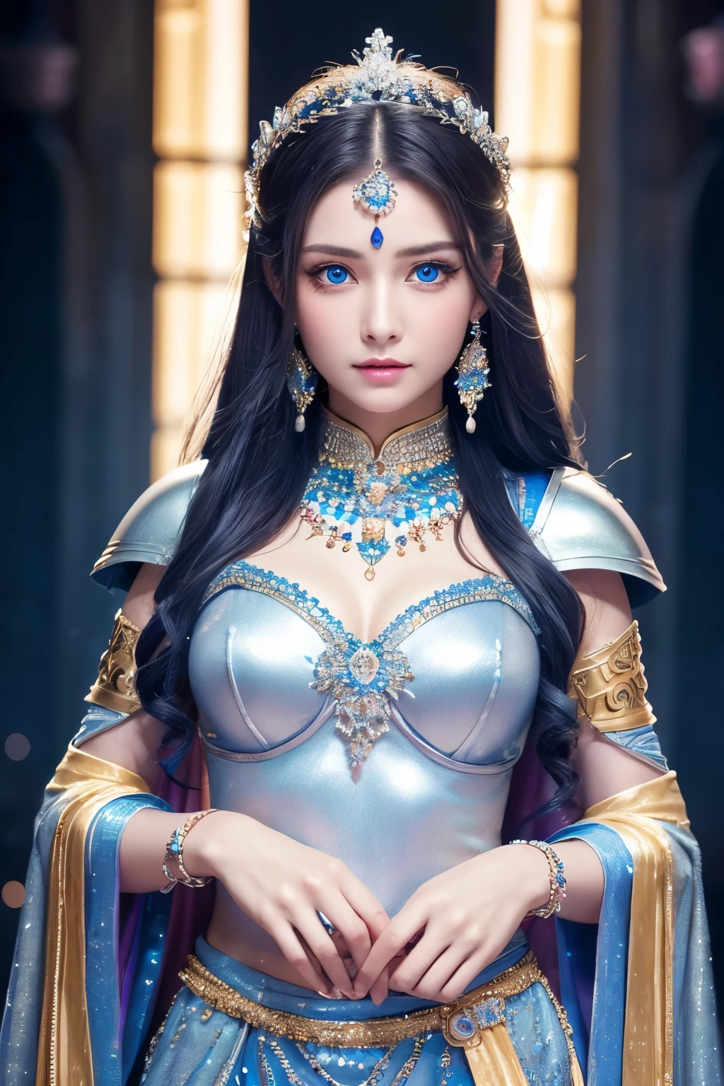 goddess、Ultra HD、High resolution、distinct、Glittering ornaments、Soft Skin、Colorful and gorgeous jewelry、Beautiful blue eyes、Silver Armor、whole body、