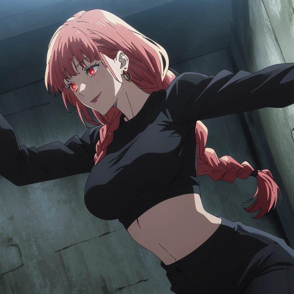 1girl, female gojo satoru, anime screencap from jujutsu kaisen, gojo satoru female version, solo, long_hair, ((red universal eyes)) ((Red_hair, low braid)), night view, (hanging breasts) upper_body, smile, indoors, book, lips, (long hair) ((wearing black colour crop top with full sleeves and black colour pant)) breast, "very detailed and high resolution" ((solo)) (((front view))) (earings) ((high resolution)) ((good quality)) ((silky hair))