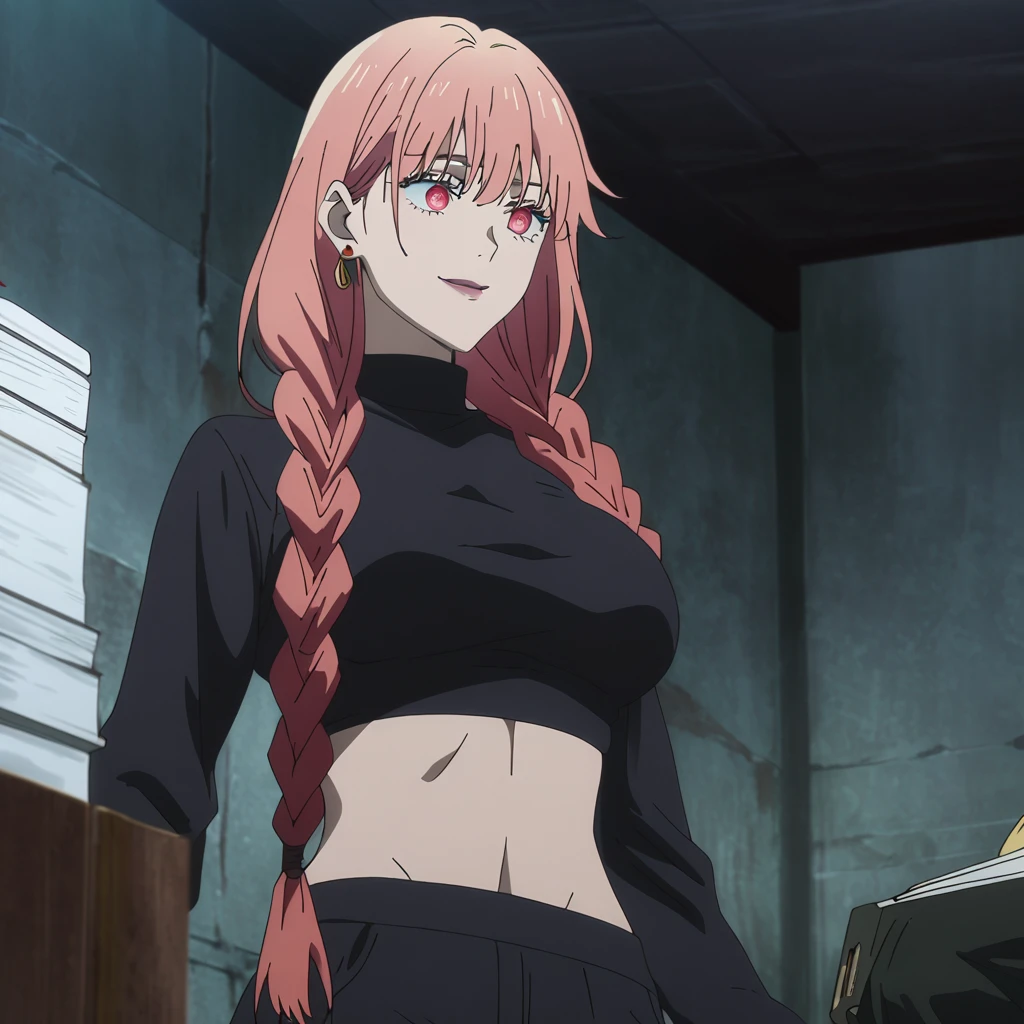 1girl, female gojo satoru, anime screencap from jujutsu kaisen, gojo satoru female version, solo, short_hair, ((Blue eyes, round sunglasses)) ((Silver_hair, hair over ear from one side))((slicked hair)) ((red colour hair strands)), night view, (hanging breasts) upper_body, smile, indoors, parted lips, (long hair) ((wearing black colour outfit, bare shoulder, glossy)) breast, "very detailed and high resolution" (Blue eyes, round sunglasses) ((solo)) (((front view))) (earings) ((high resolution)) ((good quality)) ((silky hair, hair over ear from one side))((hair slicked)) ((red colour hair strands)) ((parted lips)) ((full body))