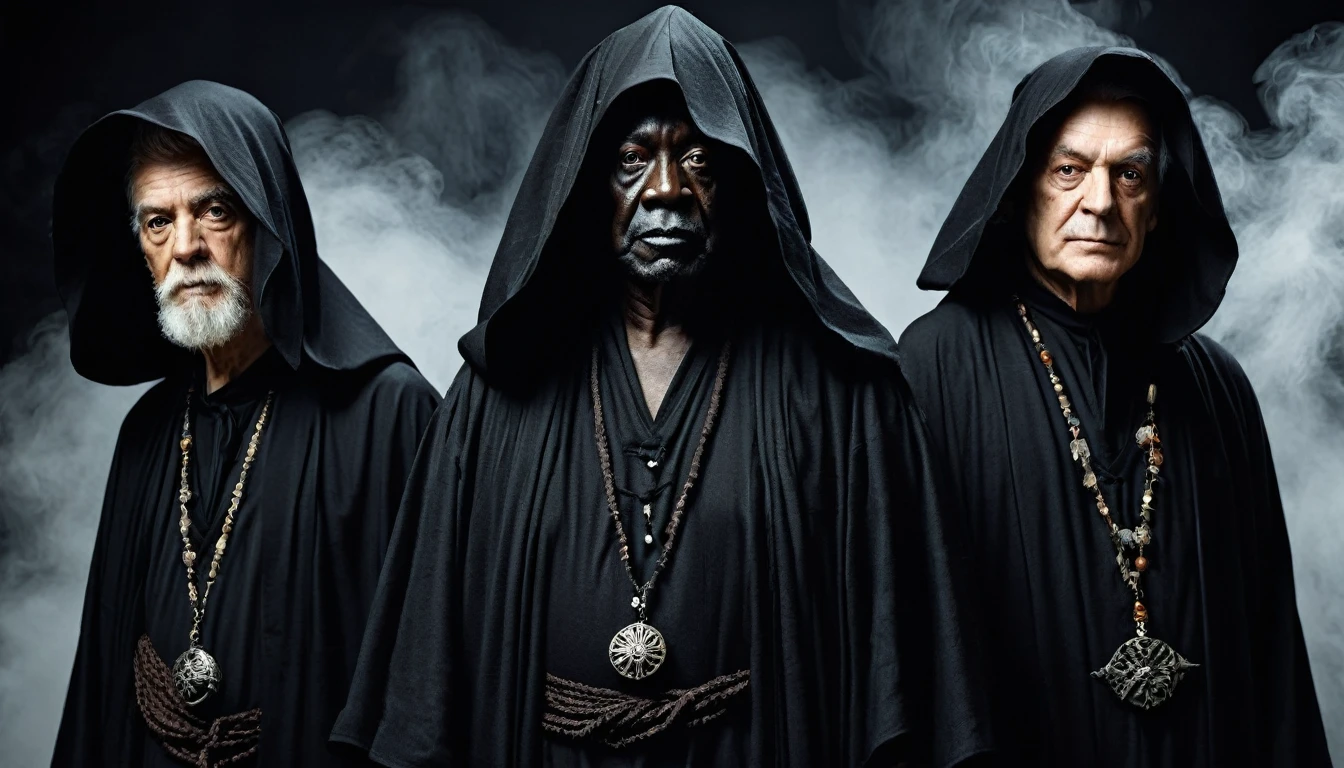 three MEN, in wizard, in black, old, voodoo robes, clear and ultra realistic image