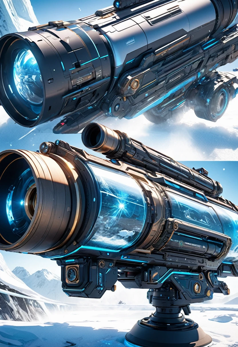 masterpiece, 8k, best quality, highly detailed, a high tech futuristic cannon that shoots ice