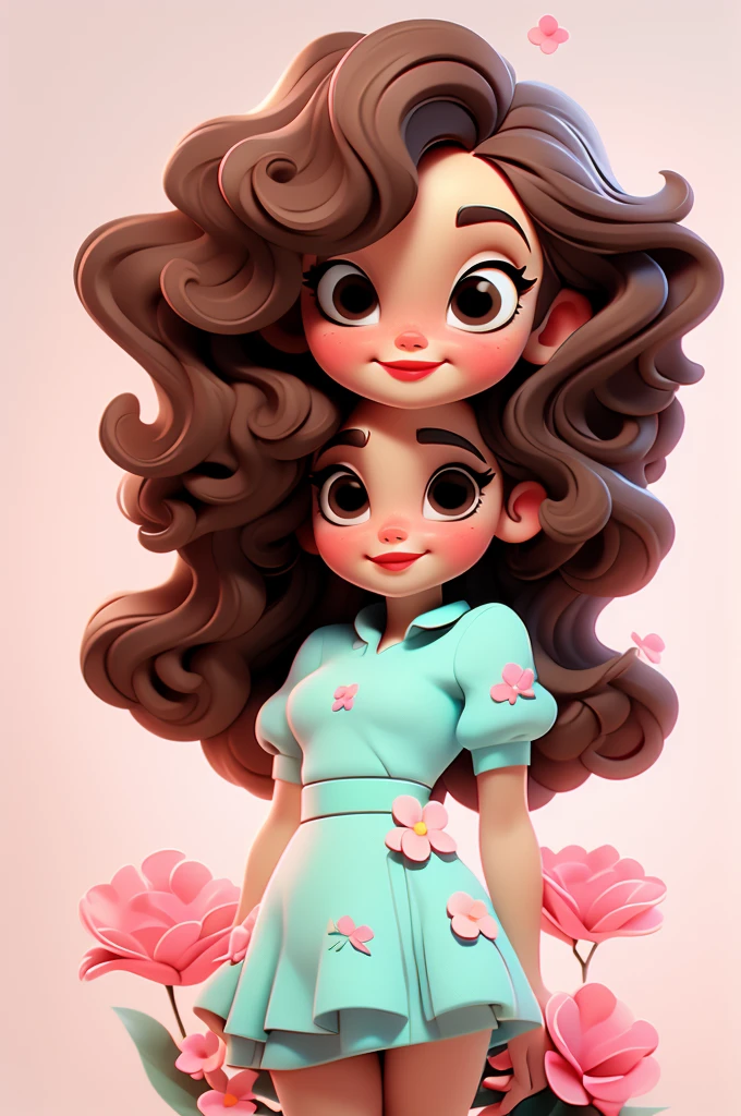 Lana Del Rey, flower dress, white background,, red lips,, pink pinup style, aqua black eyes, brown hair
