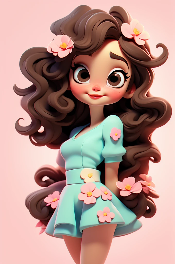 Lana Del Rey, flower dress, white background,, red lips,, pink pinup style, aqua black eyes, brown hair