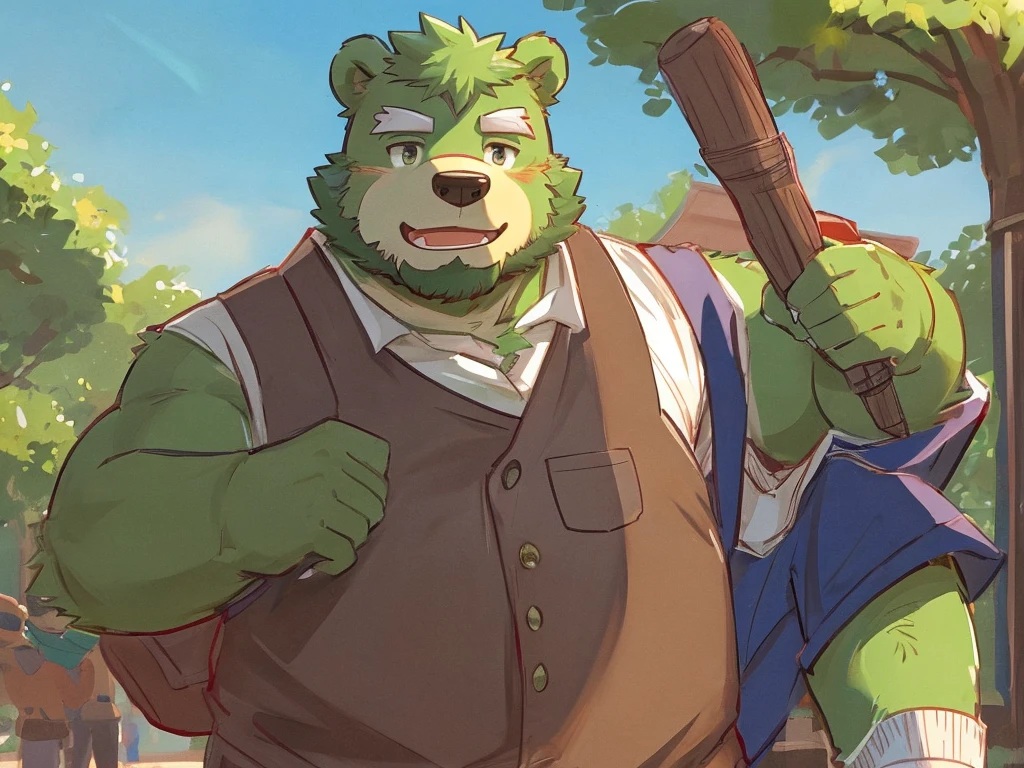 anthro, kemono, male, solo, (((green bear))), (((green fur))), green hair, beard, white eyebrows, mature, sketch drawing, play with kids, in the park