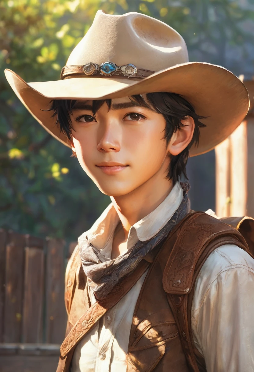 (((Masterpiece))), best quality, cowboy shot, perfect anatomy, (detailed face), outdoors, sunny, warm sunlight, (((realistic faces))), realistic anatomy, painterly)) 1boy, shota, solo, smile, shotacon, young boy, ???, small 