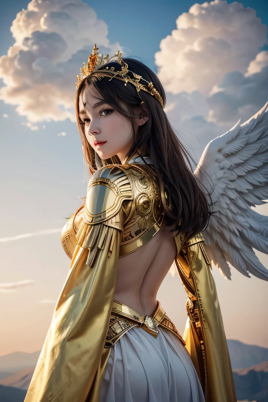 create an image of a human, a kind of goddess with robotic wings, on top of a white cloud with golden castles in the background. let the human wear Greek clothes