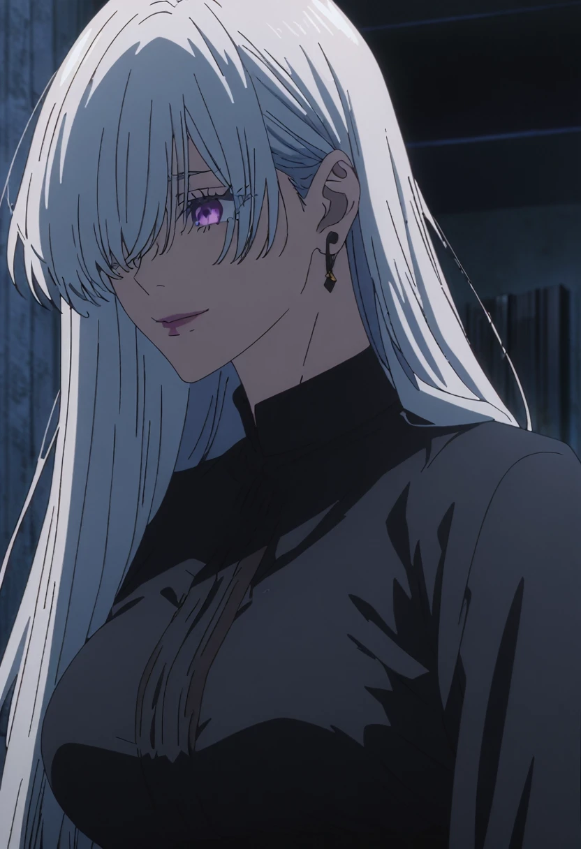 1girl, female gojo satoru, anime screencap from jujutsu kaisen, gojo satoru female version, solo, long_hair, ((purple eyes)) ((White_hair, hair over eyes from one side, side bangs)), night view, (hanging breasts) upper_body, smile, indoors, book, lips, (long hair) ((wearing black colour outfit, glossy)) breast, "very detailed and high resolution" (purple eyes) ((solo)) (((front view))) (earings) ((high resolution)) ((good quality)) ((silky hair, hair over eyes from one side)) ((shy))