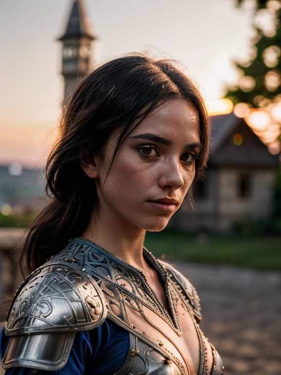 (masterpiece), (extremely intricate:1.3), (realistic), portrait of a girl, the most beautiful in the world, (medieval armor), metal reflections, upper body, outdoors, intense sunlight, far away castle, professional photograph of a stunning woman detailed, sharp focus, dramatic, award winning, cinematic lighting, octane render unreal engine, volumetrics dtx, (film grain, blurry background, blurry foreground, bokeh, depth of field, sunset, motion blur:1.3), chainmail