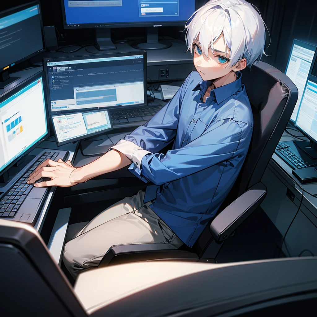 boy, dark blue shirt, bluish white hair, greeneyes, black pants, sitting in an office chair using the computer alone, looking directly at the monitor