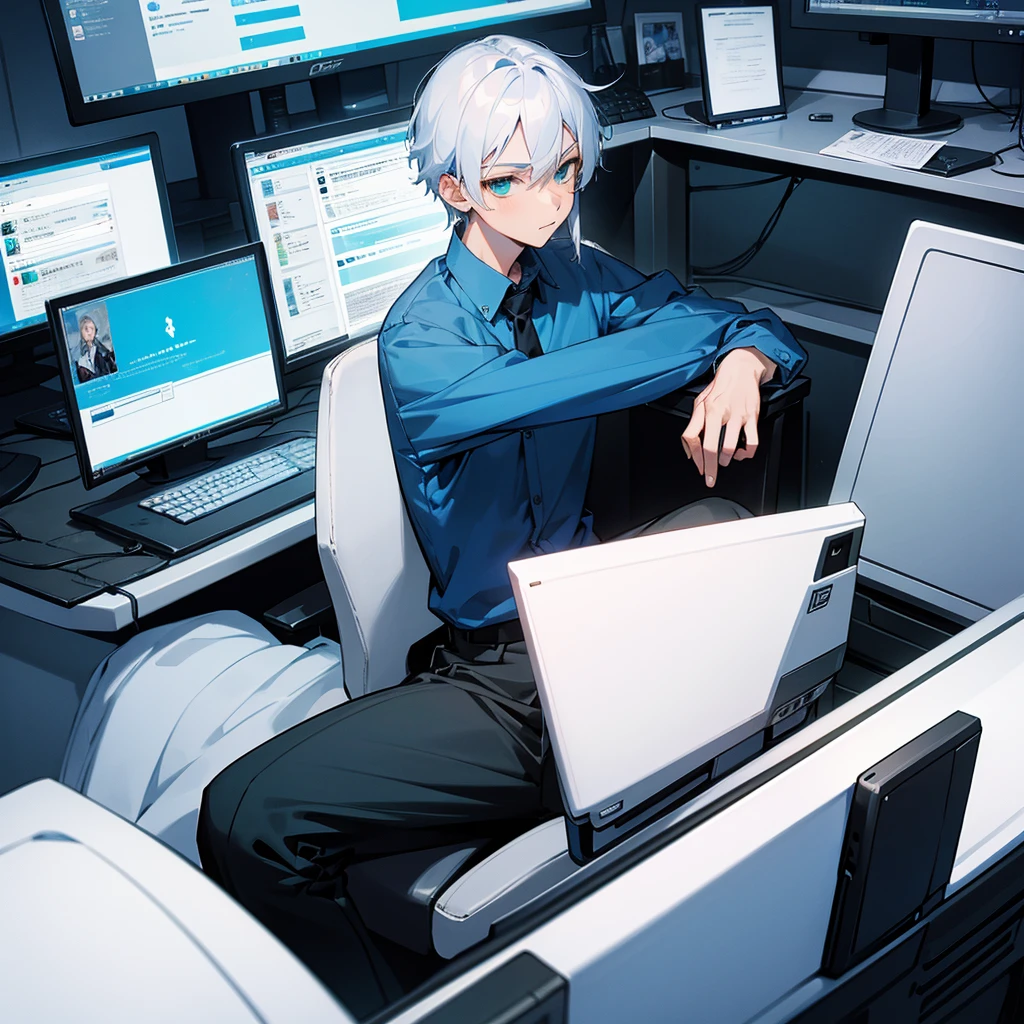teenage boy, dark blue shirt, bluish white hair, greeneyes, black pants, sitting in an office chair using the computer alone, looking directly at the monitor