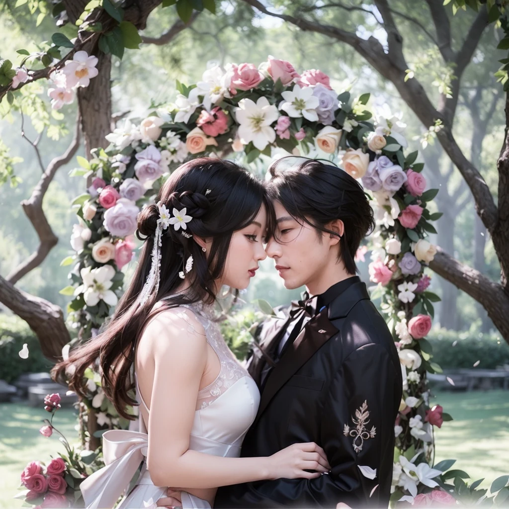 A man and a woman dressed in a white wedding dress,Standing side by side, wedding photo, Cyan tones,Red wedding dress,Melon-eating masses,