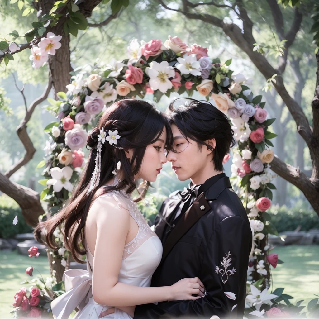 A man and a woman dressed in a white wedding dress,Standing side by side, wedding photo, Cyan tones,Red wedding dress,Melon-eating masses,