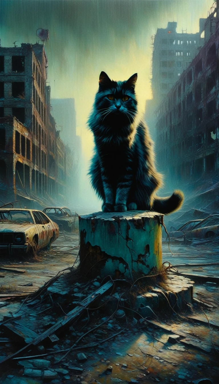 a cat on an abandoned post-apocalyptic landscape, ruined city, detailed feline, lonely, oil painting, hyperrealistic, dramatic lighting, moody colors, muted tones, masterpiece, 4k, ultra-detailed, photorealistic, cinematic composition, art inspired by Bill Sienkiewicz