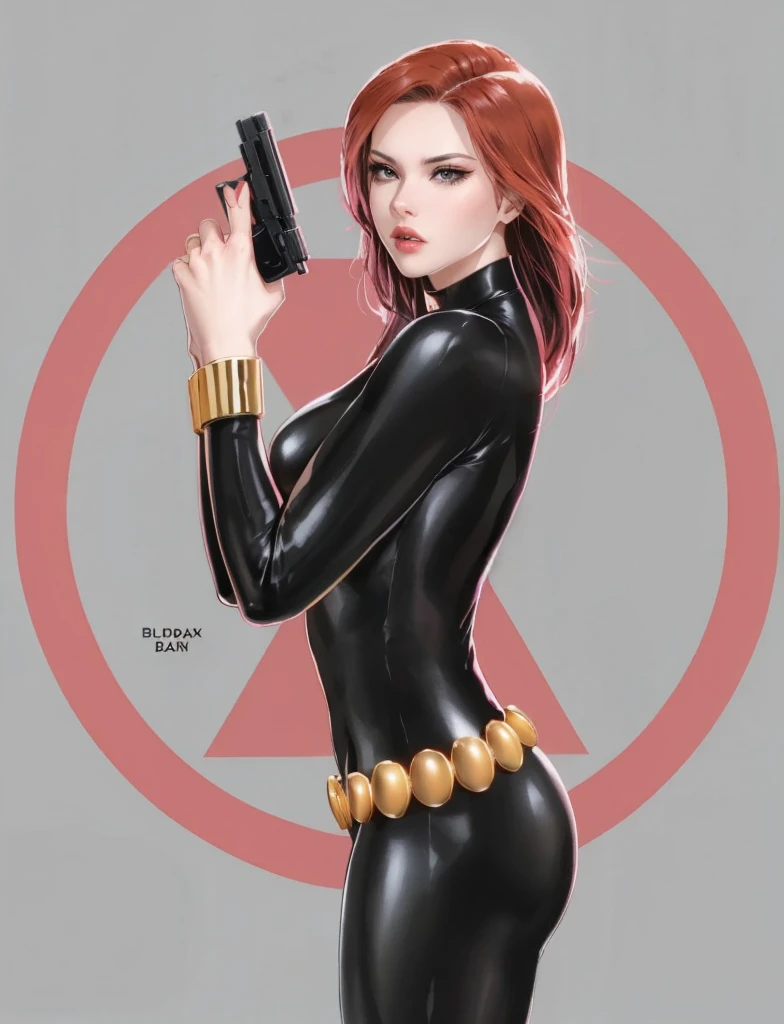 Black Widow, from the Marvel Comics universe. She is showcased in a sleek skin-tight shiny black latex bodysuit, a belt made of golden circles, and golden wrist guards. In her right hand, she is holding a gun. The ambiance divulges power, strength, and an impressive aura radiated by Black Widow.