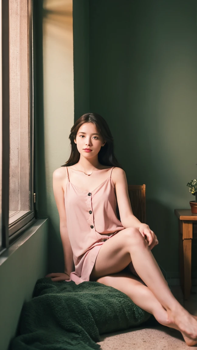 The photo features a young woman with shoulder-length hair. She is wearing a light pink sleeveless nightgown with a few buttons on the top. The woman is sitting on the edge of a flat surface, possibly near a window or balcony, with her left hand resting beside her and her right leg slightly bent. In the background, there is a green potted plant and part of an indoor space illuminated by lamp light. The overall atmosphere of the photo appears calm and relaxed.