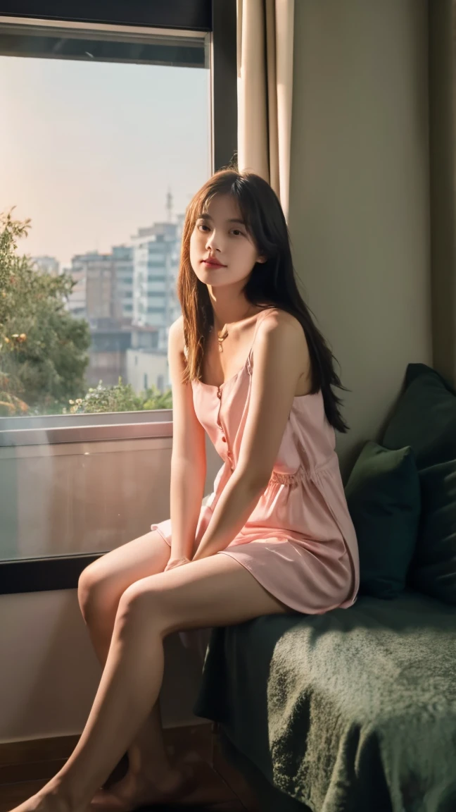 The photo features a young woman with shoulder-length hair. She is wearing a light pink sleeveless nightgown with a few buttons on the top. The woman is sitting on the edge of a flat surface, possibly near a window or balcony, with her left hand resting beside her and her right leg slightly bent. In the background, there is a green potted plant and part of an indoor space illuminated by lamp light. The overall atmosphere of the photo appears calm and relaxed.