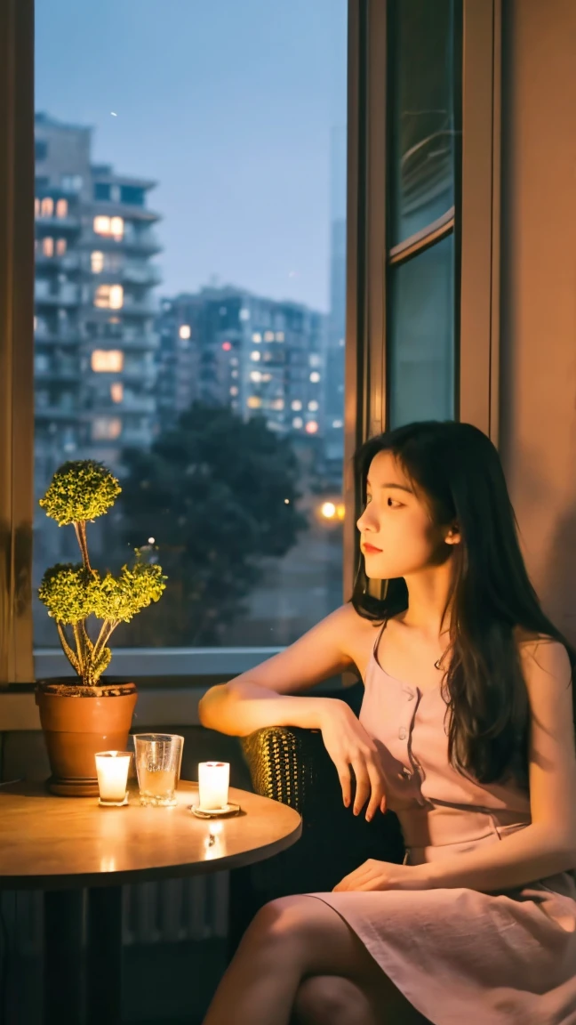 The photo features a young woman with shoulder-length hair. She is wearing a light pink sleeveless nightgown with a few buttons on the top. The woman is sitting on the edge of a flat surface, possibly near a window or balcony, with her left hand resting beside her and her right leg slightly bent. In the background, there is a green potted plant and part of an indoor space illuminated by lamp light. The overall atmosphere of the photo appears calm and relaxed.