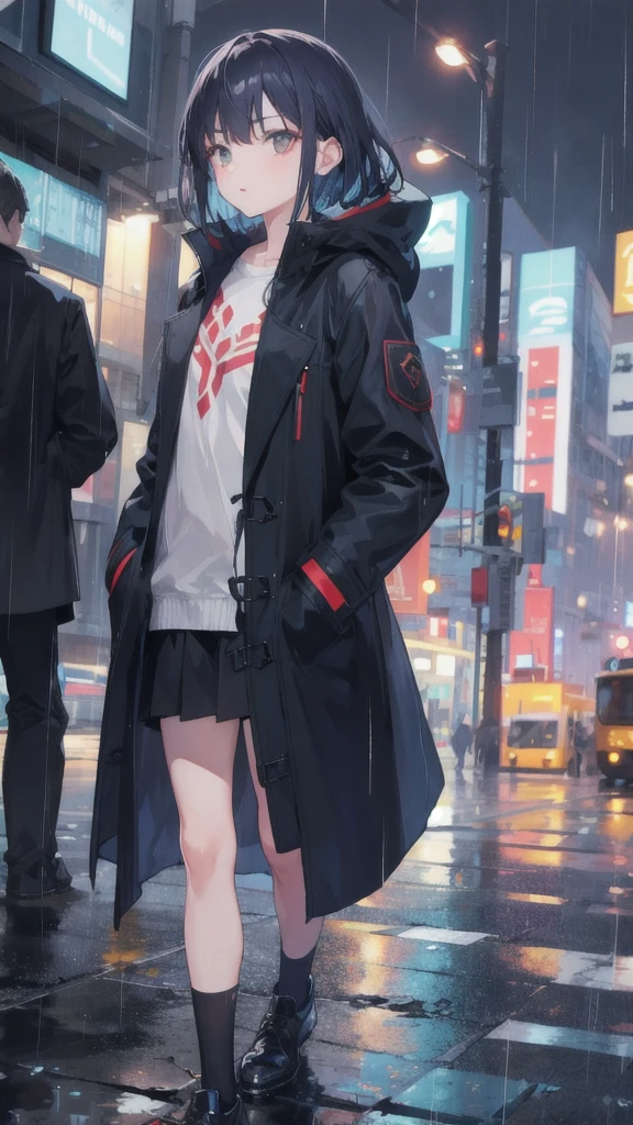 1girl,night city,rain,coat,hands in pockets