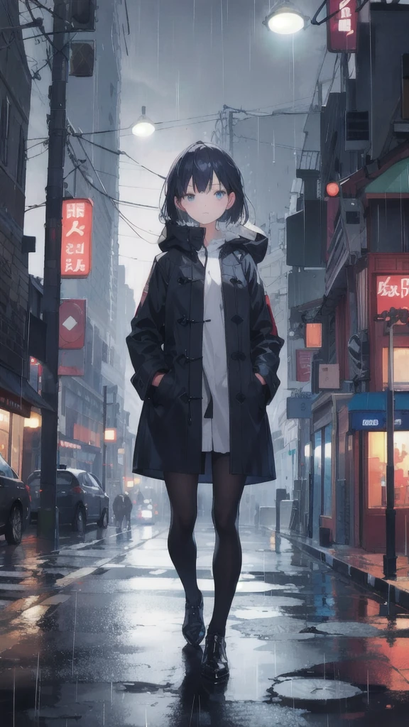 1girl,night city,rain,coat,hands in pockets