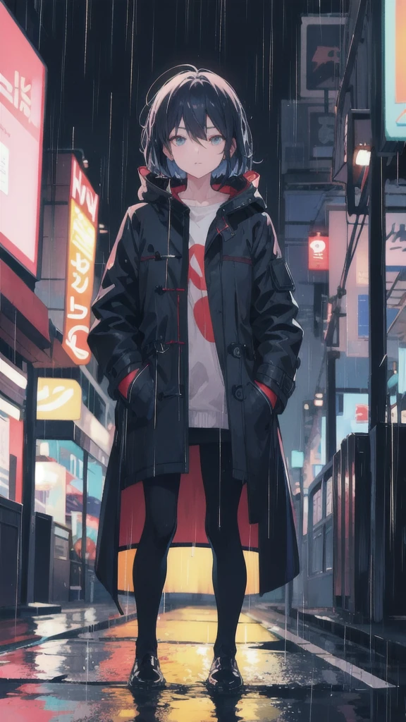 1girl,night city,rain,coat,hands in pockets