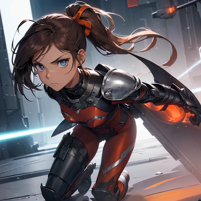 Absurdres, master piece, best high quality image, Science fiction genre, carefully detailed artwork, carefully detailed image, no deformity, solo alone character, full body view
{{(1character: brown haired human futuristic medic girl, (beautiful blue eyes, fair skin, absolutely beautiful, brown hair tied in short ponytail with green ribbon, teenage body, serious demeanor, guard position), (red bodysuit, silver battle armor, silver breast plate, silver shoulder plates, silver long boots, silver hip armor, silver crotch armor, black heavy laser pistol), (orange alien valley, purple ground spikes))}}