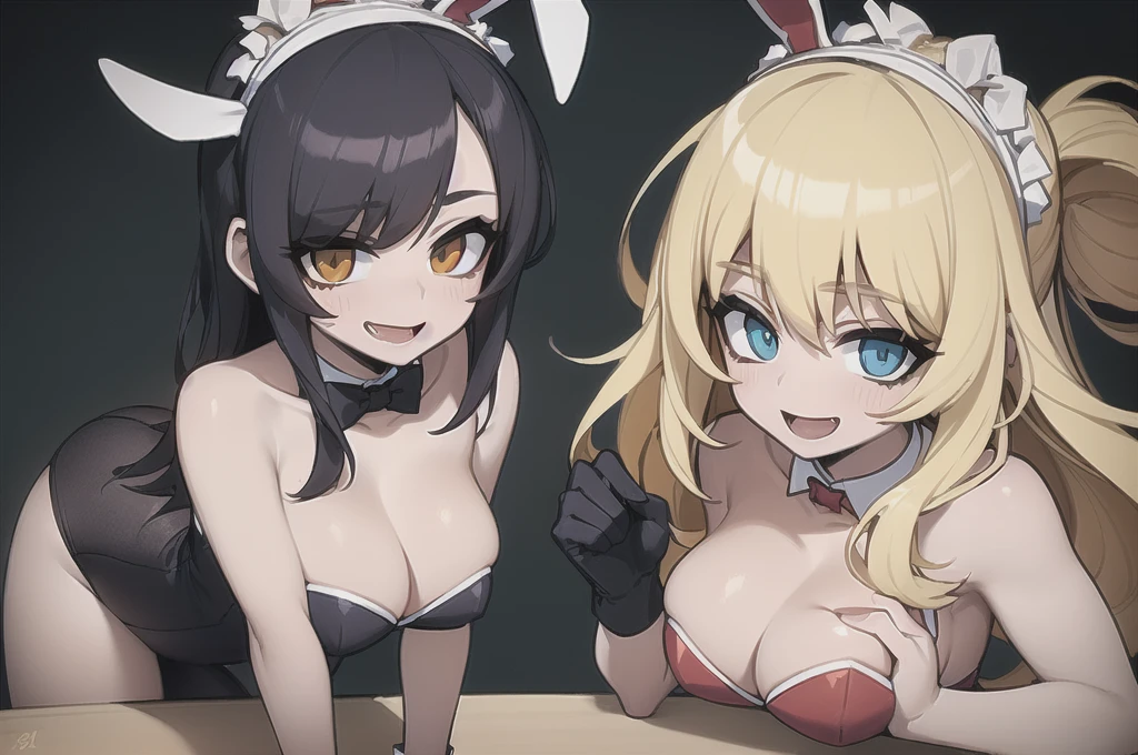 two sexy women who are wives of  boy, looking at camera, happy opened mouths, portrait, various hair, bunny outfits