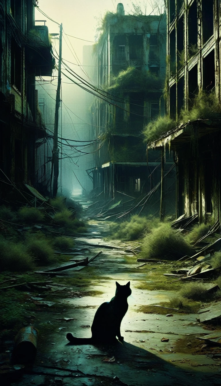 a cat on an abandoned landscape, abandoned city, post-apocalyptic, loneliness, (art inspired by Bill Sienkiewicz), oil painting, cinematic lighting, dramatic colors, highly detailed, intricate textures, gritty atmosphere, moody, atmospheric, chiaroscuro, dramatic shadows, muted tones, weathered surfaces, crumbling buildings, overgrown vegetation, faded colors, bleak, desolate, sense of isolation, melancholy, (best quality,4k,8k,highres,masterpiece:1.2),ultra-detailed,(realistic,photorealistic,photo-realistic:1.37)