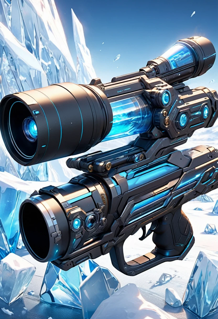 masterpiece, 8k, best quality, highly detailed, a high tech futuristic hand held cannon that shoots ice