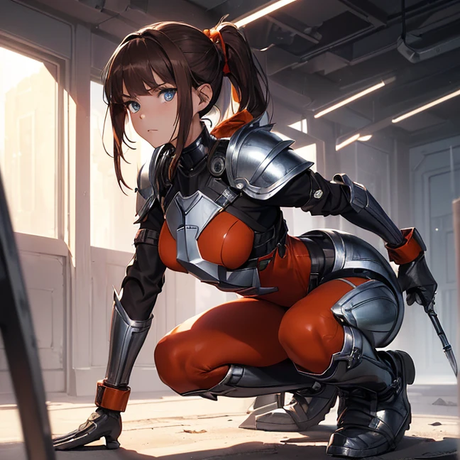 Absurdres, master piece, best high quality image, Science fiction genre, carefully detailed artwork, carefully detailed image, no deformity, solo alone character, full body view
{{(1character: 16 years old brown haired human futuristic medic girl, (beautiful blue eyes, fair skin, absolutely beautiful, brown hair tied in short ponytail with green ribbon, teenage body, serious demeanor, guard position), (red bodysuit, silver battle armor, silver breast plate, silver shoulder plates, silver long boots, silver hip armor, silver crotch armor, black heavy laser pistol), (orange alien valley, purple ground spikes))}}