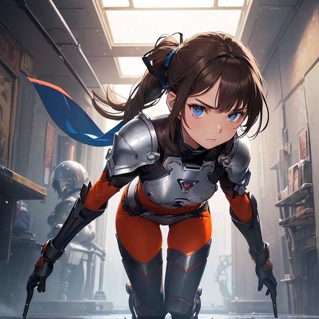 Absurdres, master piece, best high quality image, Science fiction genre, carefully detailed artwork, carefully detailed image, no deformity, solo alone character, full body view
{{(1character: 16 years old brown haired human futuristic medic girl, (beautiful blue eyes, fair skin, absolutely beautiful, brown hair tied in short ponytail with green ribbon, teenage body, serious demeanor, guard position), (red bodysuit, silver battle armor, silver breast plate, silver shoulder plates, silver long boots, silver hip armor, silver crotch armor, black heavy laser pistol), (orange alien valley, purple ground spikes))}}