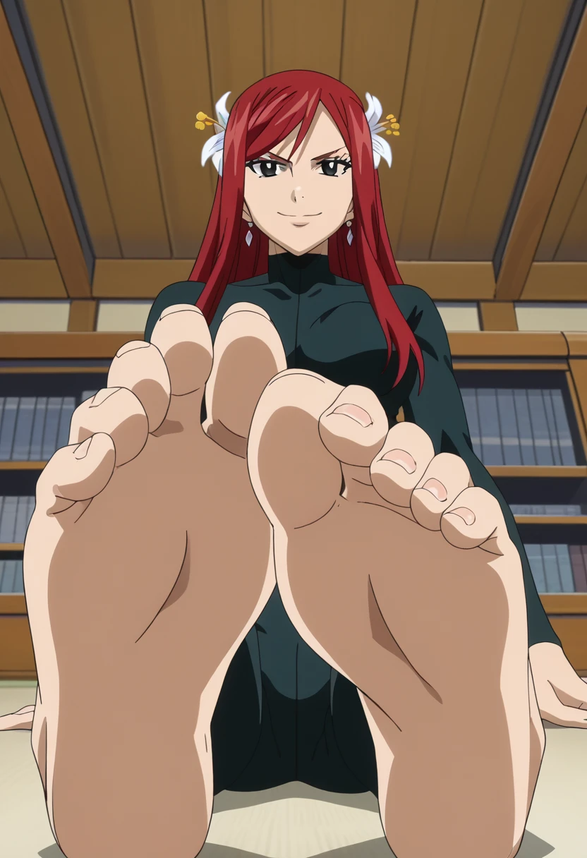  score_9,score_8_up,score_7_up, source_anime, BREAK 1girl, Erza, sitting on the floor and showing her feet, (pov from below:1.3), micro POV, stepping on viewer, foot focus, smooth toenails, jiggy butt suit, both detailed feet, soft smile, BREAK  best quality, official art, anime keyvisual, anime screencap