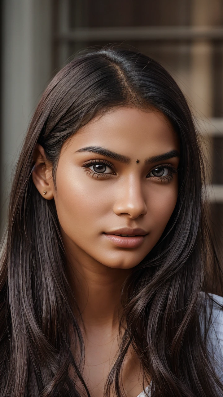 "Design a highly realistic girl  model of a 20-year-old Indian individual. The model should have long, flowing hair that appears natural and well-maintained. Ensure the facial features reflect typical Indian characteristics with a warm, lifelike skin tone. The eyes must be black, expressive, and look real, with intricate details in the iris and reflections to enhance their lifelike quality. The model should have a friendly smile and an overall youthful appearance. Pay close attention to details such as skin texture, individual hair strands, and natural expressions to maximize realism. The final model should look convincingly real and be suitable for use in various applications such as virtual environments, avatars, or character designs."

