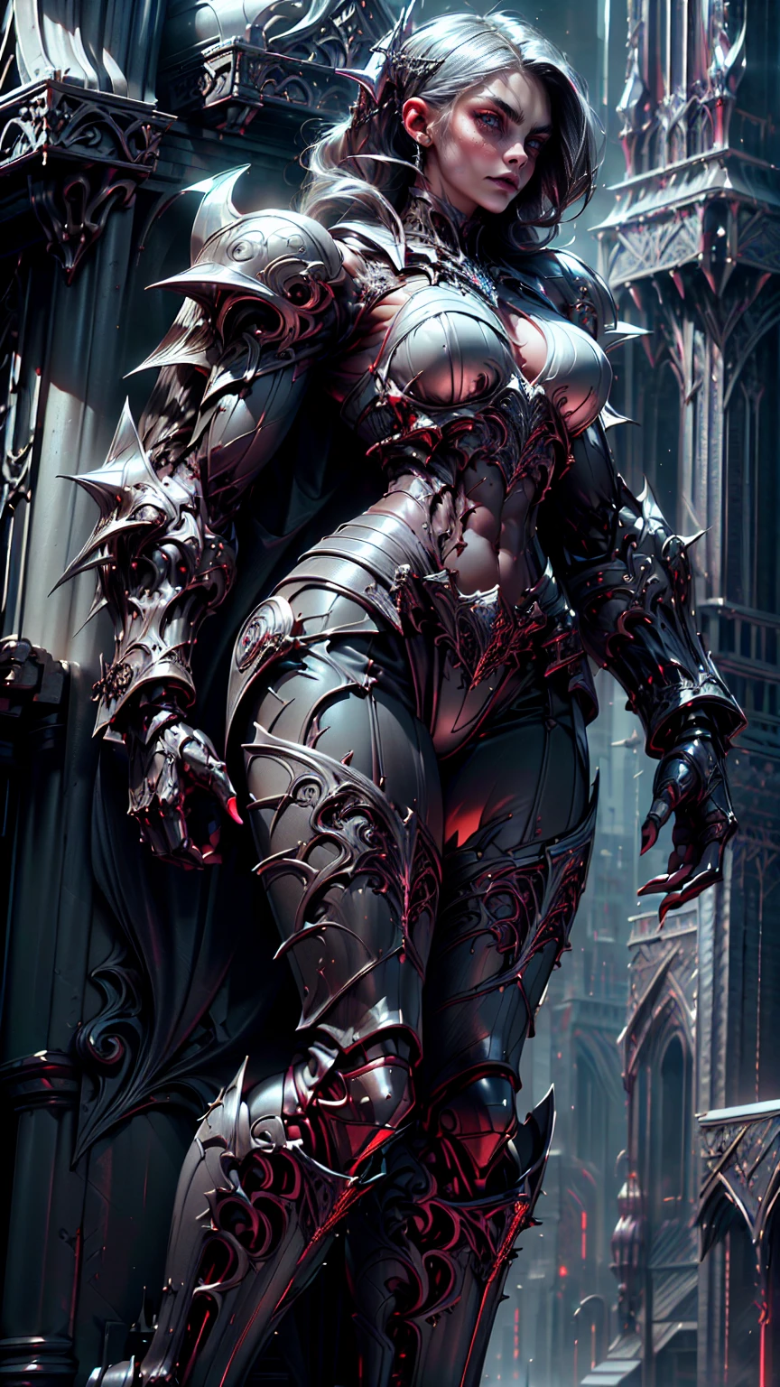 (1 girl), (cara delevingne:1.25), Beautiful muscular armoured vampire girl standing on cathedral looking at the moon, (gothic vampire body armor:1.25), (extreme muscular definition:1.5), (large muscular vascular breasts:1.25), (huge muscular arms:1.5,) (10-pack abs:1.4), (lots of veins:1.25), thin legs, Realistic, Very detailed face and eyes, masterpiece