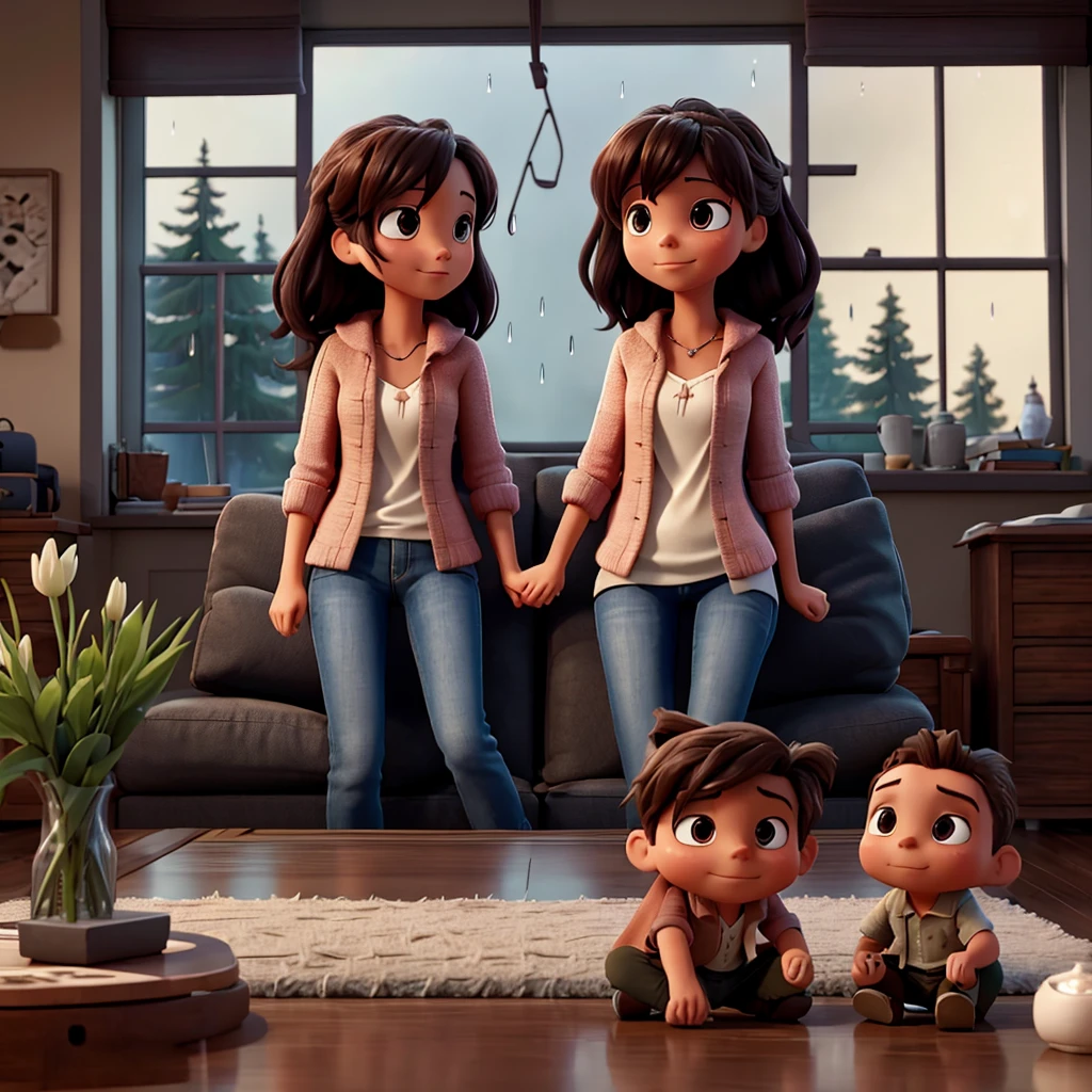 Creates an image of a couple watching a movie sitting on the couch with the window outside and rainy landscape