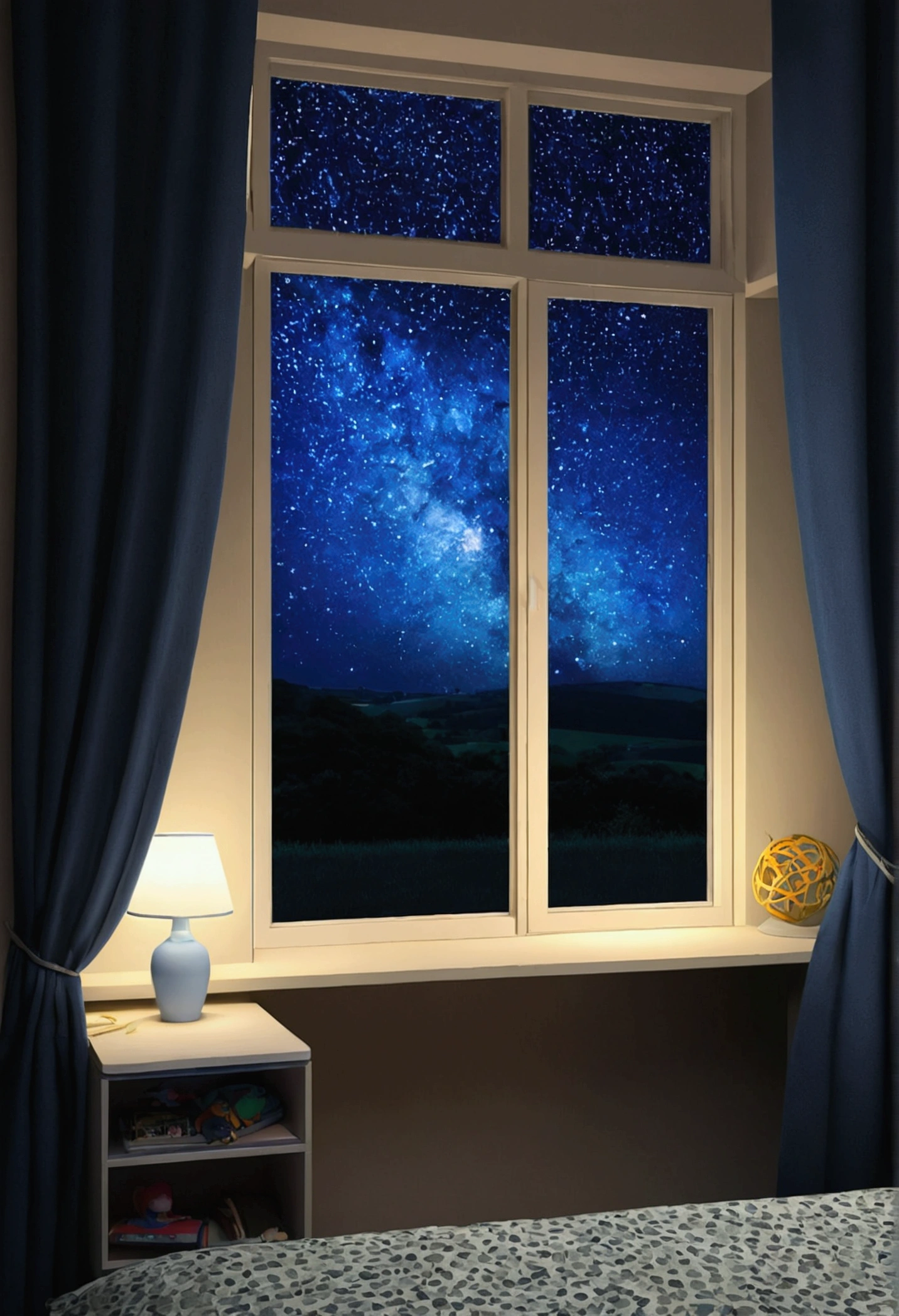 chambre d'enfant la nuit lampe allumée télévision allumée, large window with view of the countryside at night starry sky 4k ultrarealistic