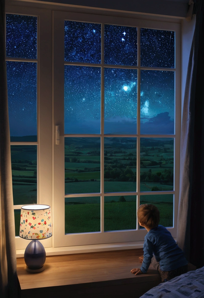 chambre d'enfant la nuit lampe allumée télévision allumée, large window with view of the countryside at night starry sky 4k ultrarealistic