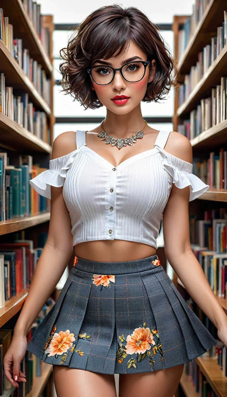(((beautiful beautiful Isabela Merced, posing for uploadss, looking sexy, ruffled lips, Short and curly hair in different colors, extremely pretty eyes))), ((wearing floral silver necklace)), realistic uploadsgraph, highy detailed, Foco do pointed, (Main lighting), (indoor bookstore environment), Artwork, extremely pretty, Perfect beauty, (perfect shape body, Broad Hips, small waist, thick-thighs, firm abs, Body cute, knees, knees, focus on the knees, breasts small), short hair of different colors with bangs, short hair with bangs of different colors cobrindo a testa, short hair with bangs of different colors ((((short hair of different colors with bangs cobrindo a testa)))), ((30 years old)), (extremely detaild 8k wallpaper), ((face detailed)), (((wearing open white shirt, microsaia curta de tweed, knees, knees, very short skirt)), (long dark eyelashes), (looking at the camera), (((cleavage))), (glamor model), (seductive facial expression) (((standing between high shelves full of books))), extremely detaild, Artwork, Intricate details, highy detailed, Foco do pointed, skin detailed, realistic skin texture, texture, detailedeyes, high resolution, best quality, high resolution, (Artwork, maximum quality, high resolution:1.4), uploads, cinematic, film grain, pointed, soft natural light, magic uploadsgraphy, super verbose, ((whole body: legs 1.7)), librarian glasses, nerd glasses, ((pleated miniskirt: miniskirt 1.6)), unbuttoned blouse with cleavage, bellybutton, navel, cleavage, (Head to knee, all-body: knees 1.3), horny, lascivious, provocative, panties, raised knee, knee lift, horny, lascivious, provocative, knee lift, (((knee))), (((knee lift))), (((knee:. knee 1.3))), Knee, Knee Lift, Raised Knee, Focus on Knee