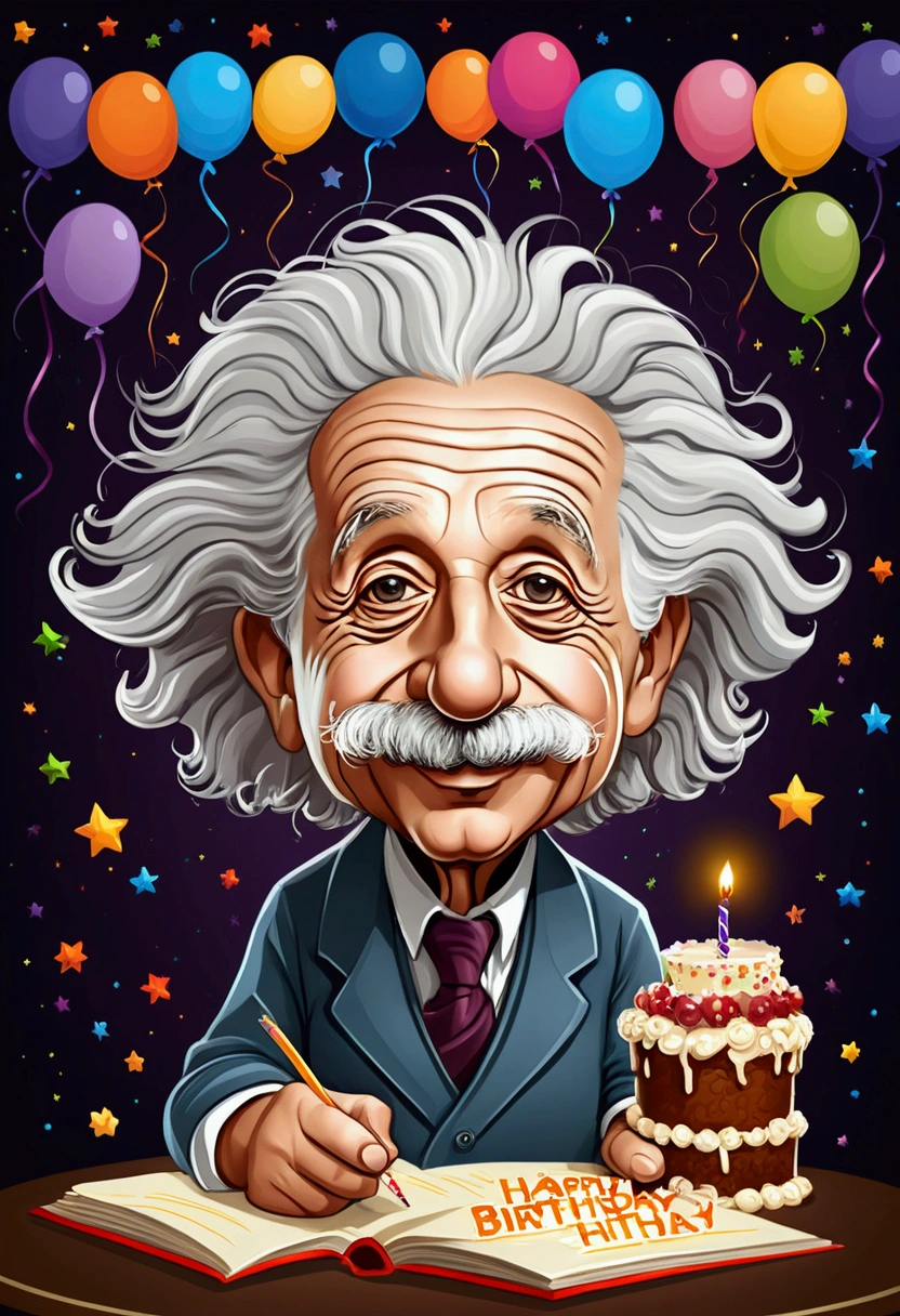 Albert Einstein wishes you Happy Birthday, cartoon