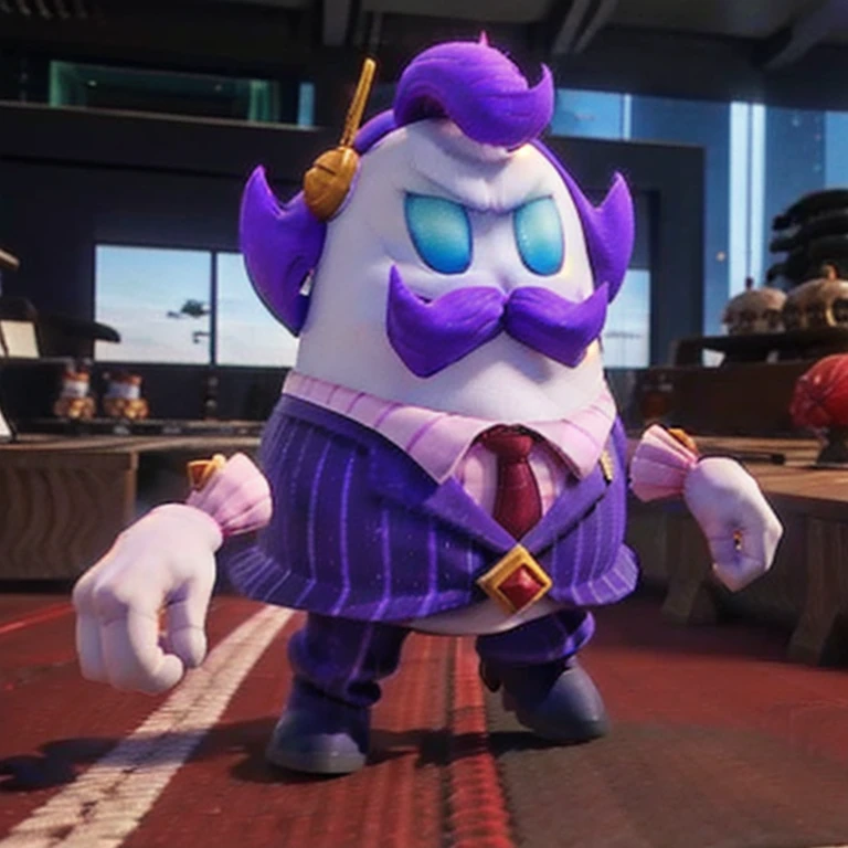 haltmann, purple hair, purple mustache, arms and hands, wearing a dark blue suit with pink vertical lining, pink shirt, red tie, black shoes, gold suit button with a red diamond, pale purple hands, pink wrists, pale purple, blue eyes, golden earpiece with antenna, in an office, it's walking