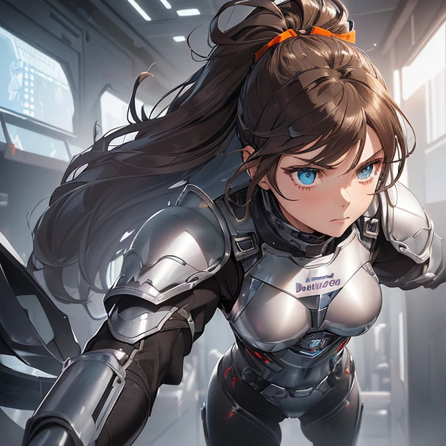 Absurdres, master piece, best high quality image, Science fiction genre, carefully detailed artwork, carefully detailed image, no deformity, solo alone character, full body view
{{(1character: 16 years old brown haired human futuristic medic girl, (beautiful blue eyes, fair skin, absolutely beautiful, brown hair tied in short ponytail with green ribbon, teenage body, serious demeanor, guard position), (silver battle helmet, red bodysuit, silver battle armor, silver breast plate, silver shoulder plates, silver long boots, silver hip armor, silver crotch armor, black heavy laser pistol), (orange alien valley, purple ground spikes))}}