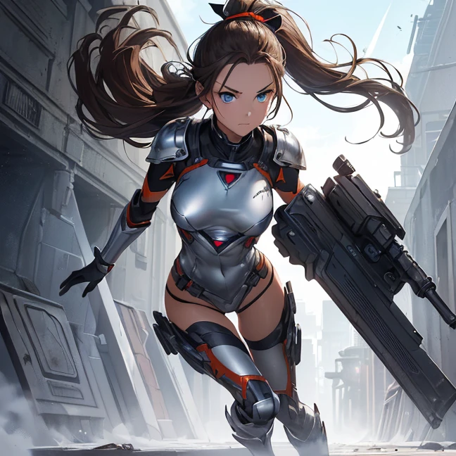 Absurdres, master piece, best high quality image, Science fiction genre, carefully detailed artwork, carefully detailed image, no deformity, solo alone character, full body view
{{(1character:  brown haired human futuristic medic girl, (beautiful blue eyes, fair skin, absolutely beautiful, brown hair tied in short ponytail with green ribbon, teenage body, serious demeanor, guard position), (silver battle helmet, red bodysuit, silver battle armor, silver breast plate, silver shoulder plates, silver long boots, silver hip armor, silver crotch armor, black heavy laser pistol), (orange alien valley, purple ground spikes))}}
