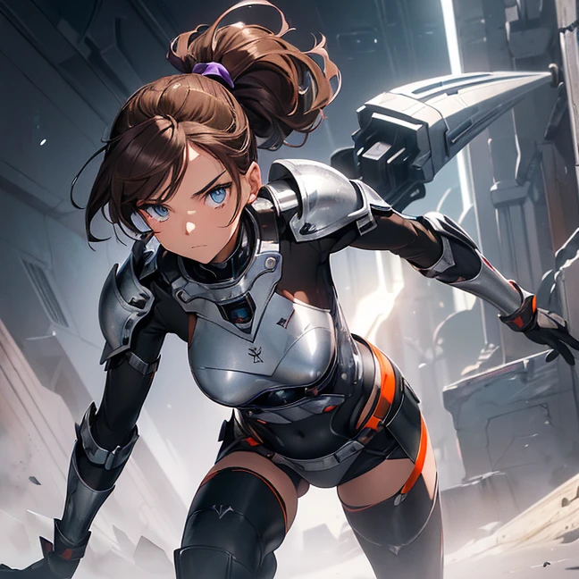 Absurdres, master piece, best high quality image, Science fiction genre, carefully detailed artwork, carefully detailed image, no deformity, solo alone character, full body view
{{(1character: brown haired human futuristic medic girl, (beautiful blue eyes, fair skin, absolutely beautiful, brown hair tied in short ponytail with green ribbon, teenage bodyrious demeanor, guard position), (silver battle helmet, red bodysuit, silver battle armor, silver breast plate, silver shoulder plates, silver long boots, silver hip armor, silver crotch armor, black heavy laser pistol), (orange alien valley, purple ground spikes))}}