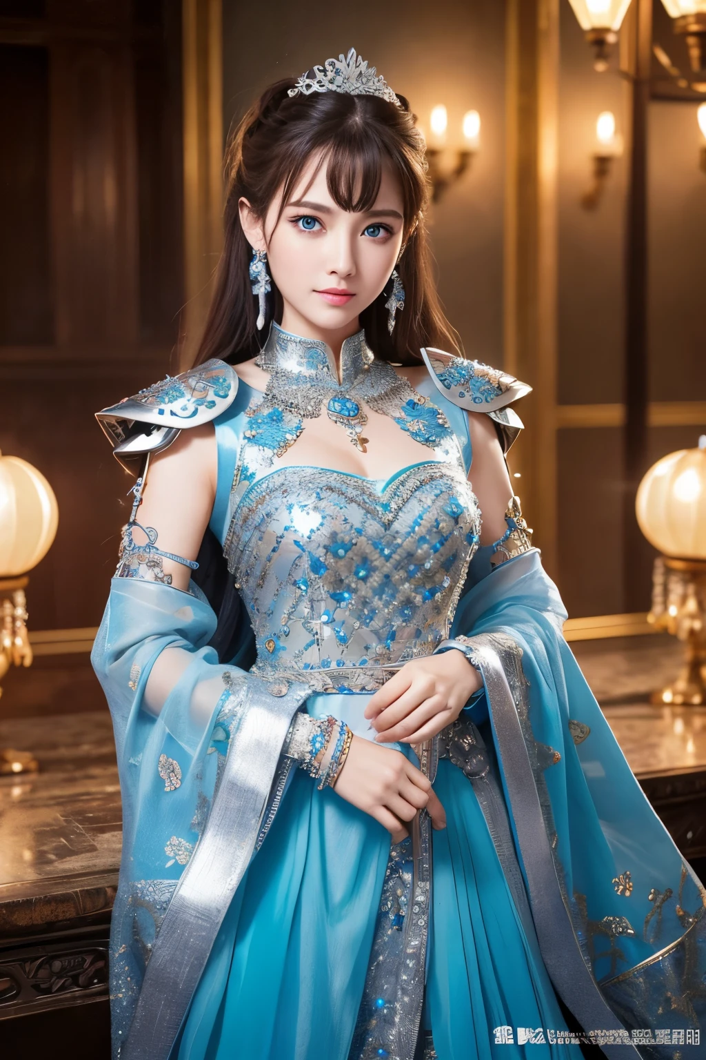 Female General、Ultra HD、High resolution、distinct、Glittering ornaments、Colorful and gorgeous jewelry、Beautiful blue eyes、Silver Armor、whole body、