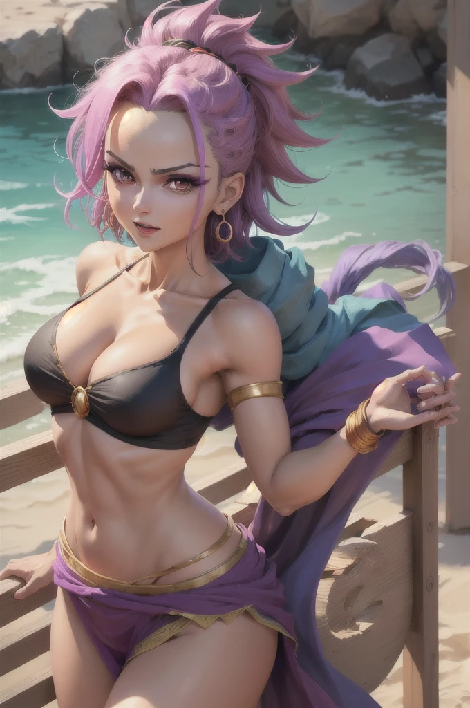 masterpiece, best quality, 1girl, beautiful face, midriff, bare shoulders, Caulifla_DB, 