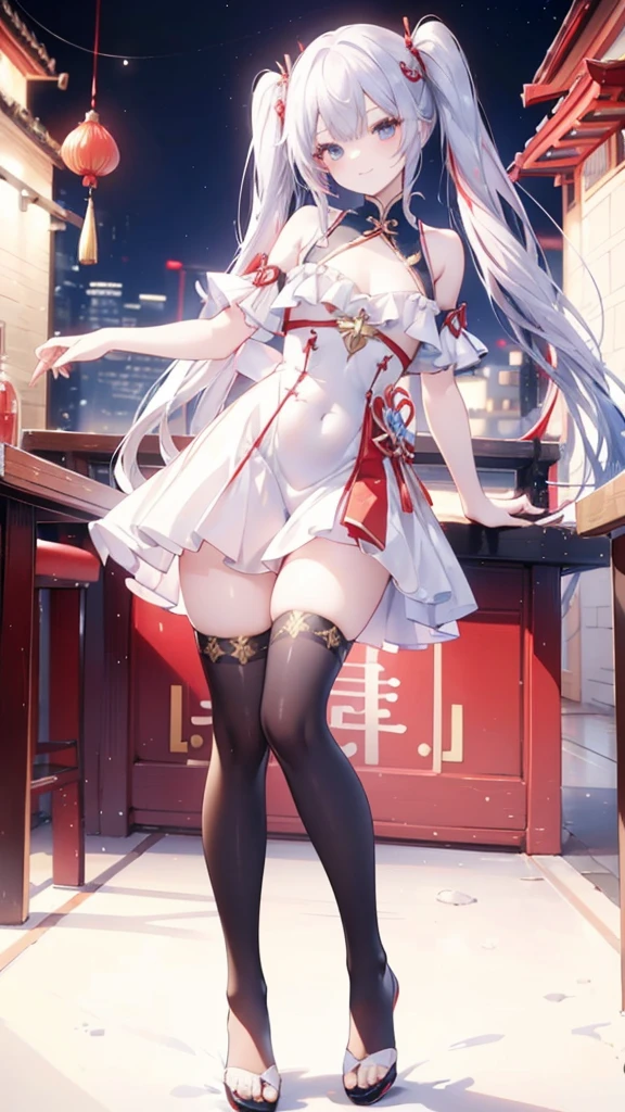 Silver Hair、Twin tails、Red gradient hair、Navy blue hair ornament、Golden hair ornament、Red and navy blue odd eyes、smile、Grown-up、White Chinese Dress、red decoration、Navy blue decoration、Golden decoration、Silver decoration、Shoulder Bare、Chest、tights、Chinatown