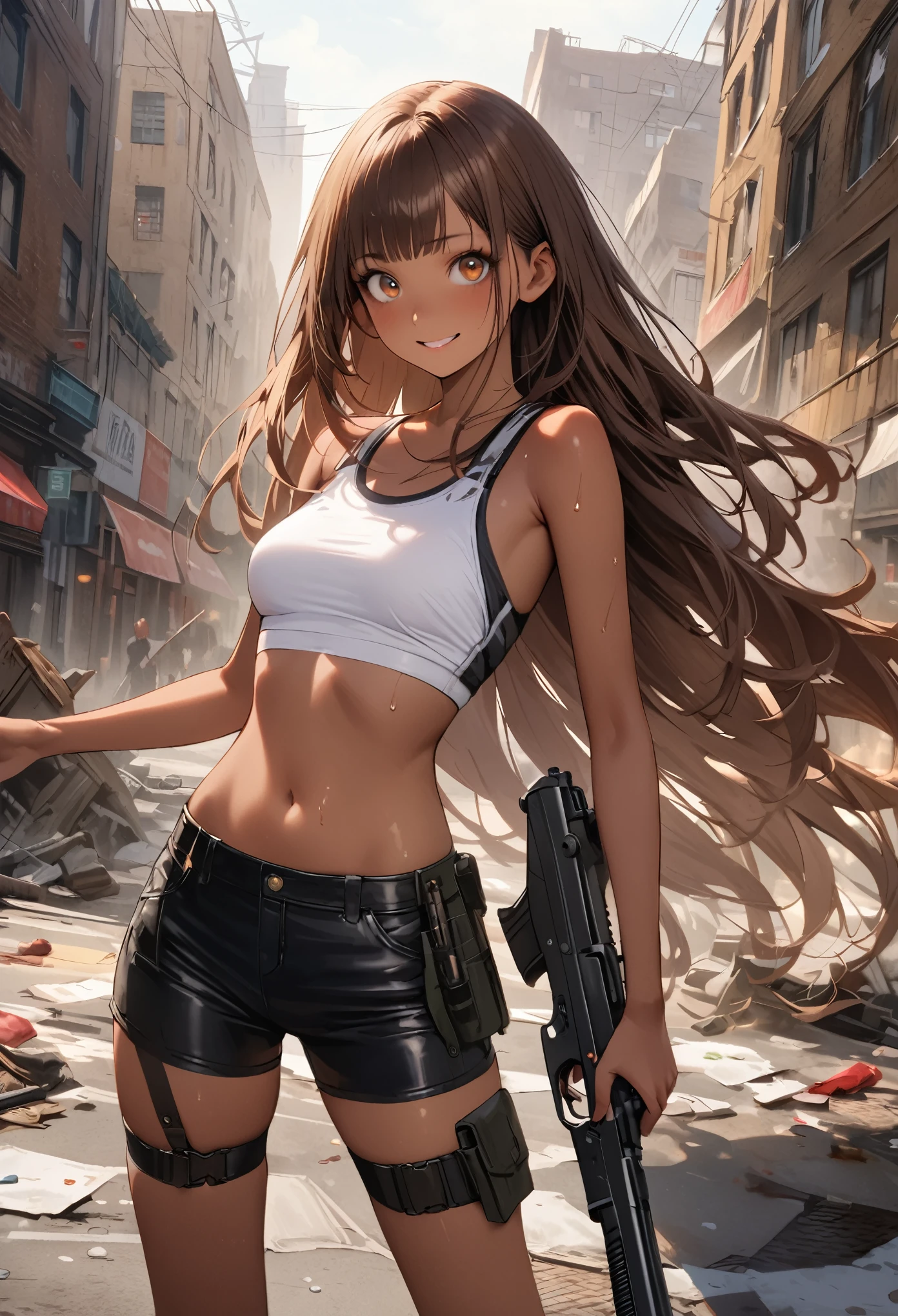 Dynamic gun action scenes、Woman shooting down zombieasterpiece,Highest quality:1.3,best quality illustration)),(realistic),cowboy shot,独奏,1woman,25 year old beauty,brown hair,long hair,bangs,brown eyes,(gorgeous big eyes),((very small head:1.3)),A strong smile,((very long body:1.2,skinny)),((tan skin:1.4)),medium breasts,White sports bra、navel,Black leather micro shorts、Carrying a gun in a leg holster,gleaming skin,slender body,sweat,standing,Collapsed Buildings、on street,New York City、Resident Evil World、