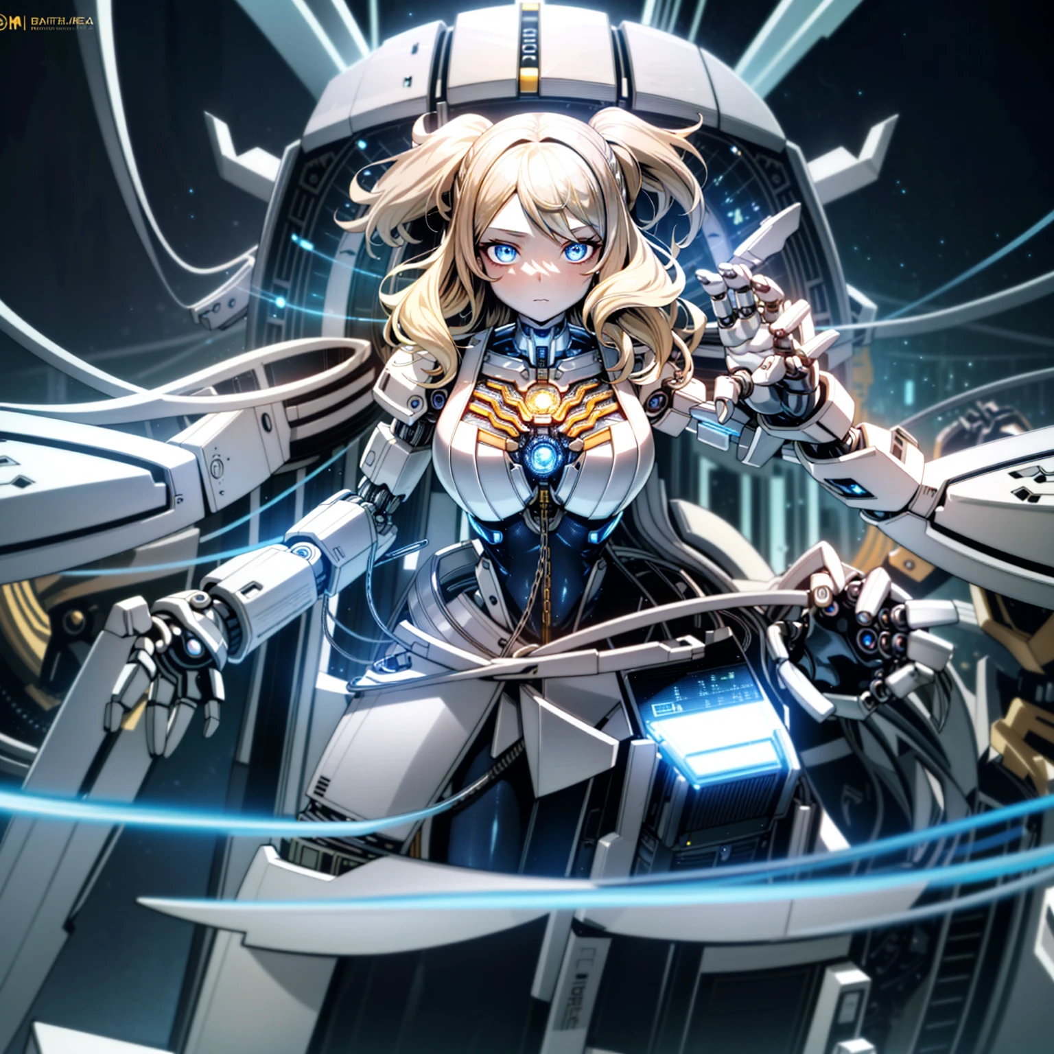 ((tabletop)),(best qualityer),(detailded),(1 girl in),Bright Blonde Fake Hair, Eyes shine blue, Wavy hair, silver latex bodysuit, ANDROID, data flow, cables, wires, carrying, Digital Chain, breasts big, gazing at viewer , chest close-up,mecha museum,mechanical parts ,robot joints,harness
